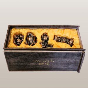 Box Set of 4 Wealth Buddha Figurines with Bao Loc Silk Chinese Calendar Scarf